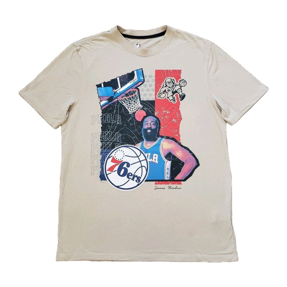 Philadelphia 76ers James Harden Size Large Mens Ben Franklin Beige T-Shirt NBA